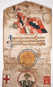 Chronik der Geschichte der Welt von der Schöpfung bis Woden, mit einer Genealogie von Edward IV (Edward IV Roll), Anfangsabschnitt mit einem Porträt von Edward IV zu Pferd, einem Rundel mit Gott und einem weiteren von English School