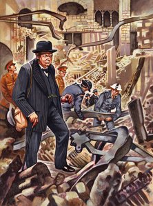 Churchill begutachtet den Schaden, nachdem eine deutsche Bombe einen Teil des Unterhauses zerstört hat