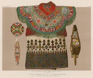 Tscherkessische bestickte Satteldecke; besticktes Kleid, Griechenland; nordamerikanische Indianerperlen- und Strohhandwerk von English School