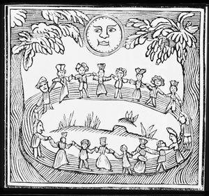 Kreis von Hexen, die unter einem Vollmond tanzen, Illustration aus einer Sammlung von Heftromanen über Esoterik