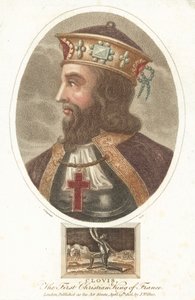 Chlodwig I., erster christlicher König der Franken (farbiger Stich) von English School