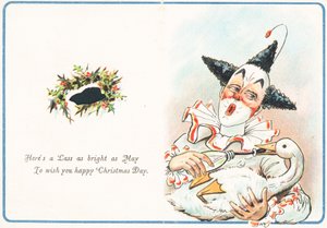 Clown füttert Gans mit der Flasche, Weihnachtskarte von English School
