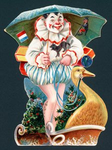 Clown hält Regenschirm auf Gänseschlitten, Weihnachtskarte von English School