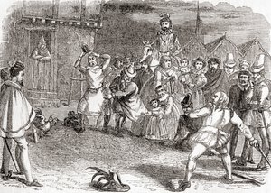 Hahnenwerfen, auch bekannt als Cock-shying oder Werfen auf Hähne, aus "Old England: A Pictorial Museum", veröffentlicht 1847