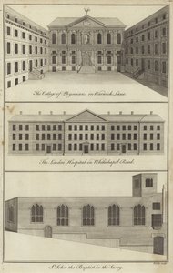 College of Physicians in Warwick Lane, das London Hospital in Whitechapel Road und die Kirche St John the Baptist im Savoy, London von English School