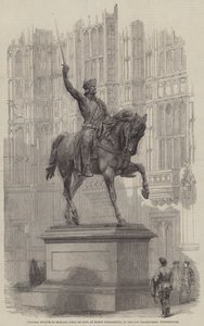 Kolossale Statue von Richard Löwenherz, von Baron Marochetti, im Alten Palasthof, Westminster (Stich) von English School
