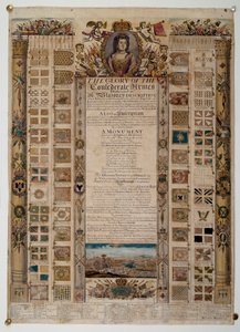 Gedenktafel mit von den Franzosen nach der Schlacht von Blenheim erbeuteten Standarten, ca. 1704 (farbige Liniengravur)