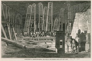 Beginn der Westminster-Brücke, die Arbeiten bei elektrischem Licht von English School