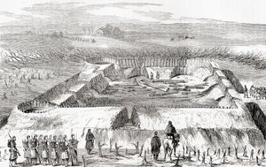 Konföderierte Befestigungen nördlich des Manassas Junction, aus Ward und Locks Illustrierter Weltgeschichte, veröffentlicht ca. 1882