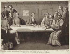 Konferenz in Chusan zwischen Commodore Bremer und einem chinesischen Beamten auf der HMS Wellesley am 4. Juli 1841 von English School