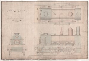 Konstruktionszeichnung, 0-4-2 Lokomotive und Tender von R. und W. Hawthorn and Co. für die Stanhope and Tyne Railway Co von English School