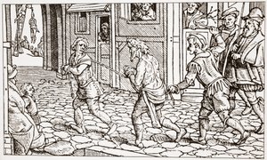 Zeitgenössischer Holzschnitt, der einen Vagabunden zeigt, der durch die Straßen einer Stadt gepeitscht wird