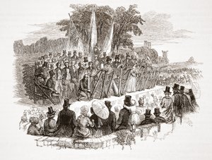 Wettbewerb um die Goldene Harfe beim Royal Denbigh Eisteddfod vor H.R.H. dem Herzog von Sussex, 1828 von English School