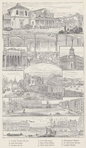 Convent Garden Market, Corn Exchange, Billingsgate Market, Coal Exchange, East India Docks, St Katherine Docks, Victoria Docks, West India Docks, London Docks (Stich) von English School