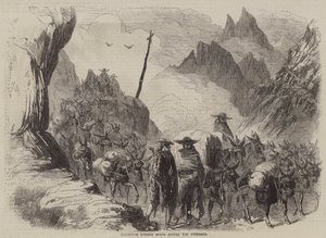 Transport spanischer Weine über die Pyrenäen (Gravur) von English School