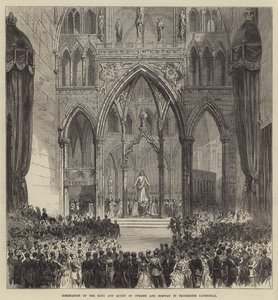 Krönung des Königs und der Königin von Schweden und Norwegen in der Kathedrale von Trondhjem (Stich) von English School