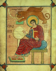 Der heilige Markus sitzt mit seinem Symbol, aus den Lindisfarne-Evangelien, 710-721 von English School