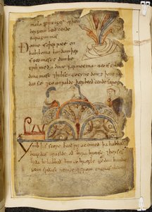 Ein goldener Weinstock; drei Menschen, die sprechen, die eine freundliche Nation darstellen, die das Rote Meer beherrscht, wo die besten Perlen gefunden werden, Illustration aus Beowulf, aus dem 