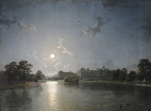 Landhaus über einem See im Mondlicht, ca. 1850