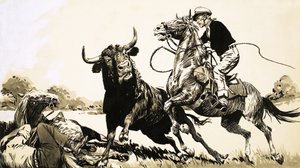 Cowboys im australischen Outback versuchen, einen Stier zu fangen von English School
