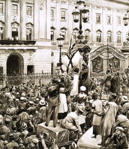 Menschenmengen vor dem Buckingham Palace jubeln König George V. am Waffenstillstandstag zu von English School
