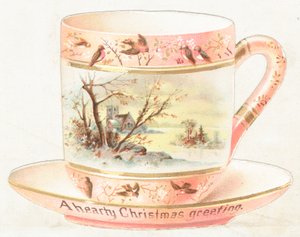 Tasse und Untertasse mit Schneeszene, Weihnachtskarte