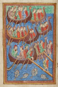 Dänen unter Hinguar und Hubba landen in Britannien, aus der Miscellany über das Leben von St. Edmund, Bury St Edmunds, ca. 1130
