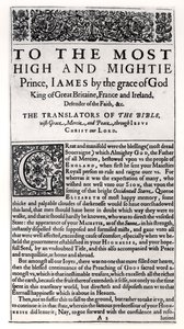 Widmungsseite in der Heiligen Bibel, veröffentlicht von Robert Barker, 1611