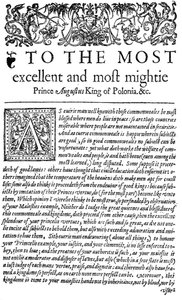 Widmung an den König von Polen Sigismund II. August im Der Ratgeber, die erste englische Übersetzung von Wawrzyniec Grzymała Goślickis De optimo senatore, 1598 von English School