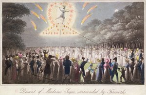 Abstieg von Madame Saqui, umgeben von Feuerwerk, veröffentlicht von Thomas Kelly (fl.1820-55) London von English School