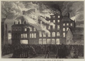 Zerstörung des Compton House, Church-Street, Liverpool, durch Feuer (Stich) von English School