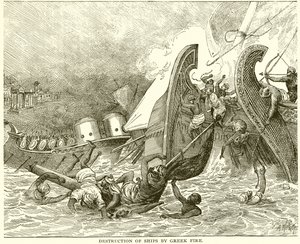 Zerstörung von Schiffen durch griechisches Feuer von English School