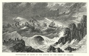 Zerstörung von Schiffen der Armada an der Küste Irlands (Stich) von English School