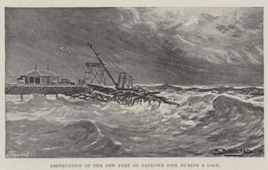 Zerstörung des neuen Teils des Sandown-Piers während eines Sturms (Gravur) von English School