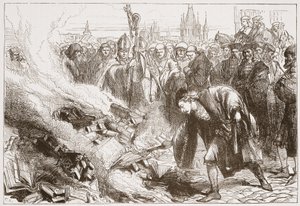 Zerstörung der Werke von Wicliffe in Prag, Illustration aus Die Geschichte des Protestantismus von James Aitken Wylie, veröffentlicht 1878