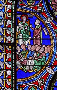 Detail eines der Bibelfenster, das Moses mit Jethro zeigt (Detail) von English School