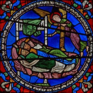 Detail eines der Bibelfenster, das drei Magierkönige im Schlaf mit einem Engel zeigt (Detail)