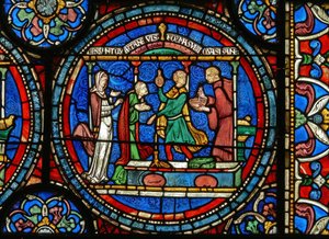 Detail des Wunderfensters, das Audrey von Canterbury zeigt, wie sie Heilwasser nimmt (Detail) von English School