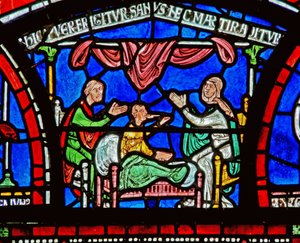 Detail aus dem Wunderfenster, das die Geschichte von Jordan Fitzeisulf darstellt von English School