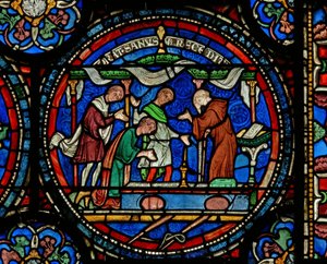 Detail des Wunderfensters, das den verrückten Henry von Fordwich zeigt, wie er nach seiner Heilung dankt (Detail) von English School