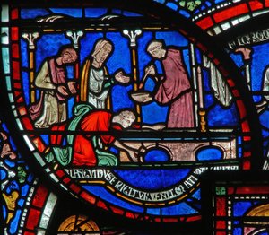 Detail aus dem Wunderfenster, das die Geschichte von Richard Sunieve darstellt von English School
