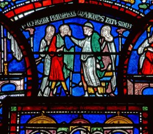 Detail aus dem Wunderfenster, das die Geschichte von Richard Sunieve darstellt von English School