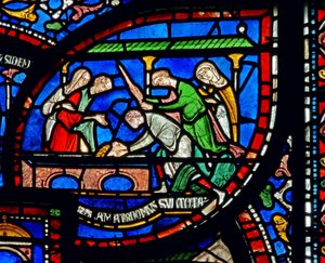 Detail aus dem Wunderfenster, das die Geschichte von Richard Sunieve darstellt