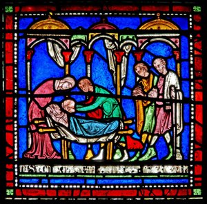 Detail aus dem Wunderfenster, das die Geschichte von Richard von Sunieve darstellt