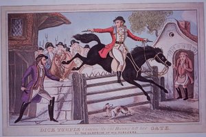 Dick Turpin springt mit seinem Pferd Black Bess über das Hornsey-Mauttor von English School
