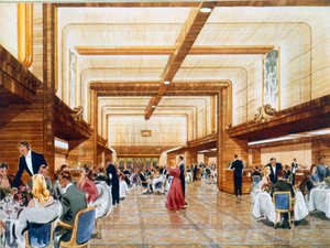 Abendessen und Tanz an Bord der RMS Caronia, aus einer Werbebroschüre, 1947 von English School
