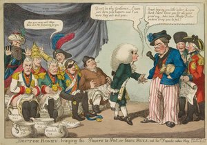 Doktor Boney bringt die Mächte zum Topf, 1808, handkolorierte Gravur