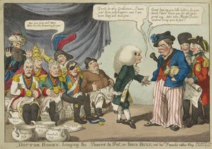 Doktor Boney bringt die Mächte zum Kochen, oder John Bull und seine Freunde sind eher schüchtern, veröffentlicht 1808 (handkolorierte Gravur)