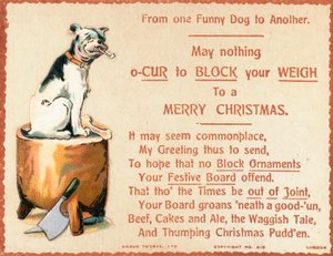 Hund sitzt auf Hackklotz, Weihnachtskarte von English School