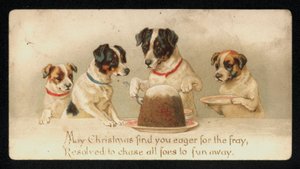 Hunde servieren einen Weihnachtskuchen, Grußkarte von English School